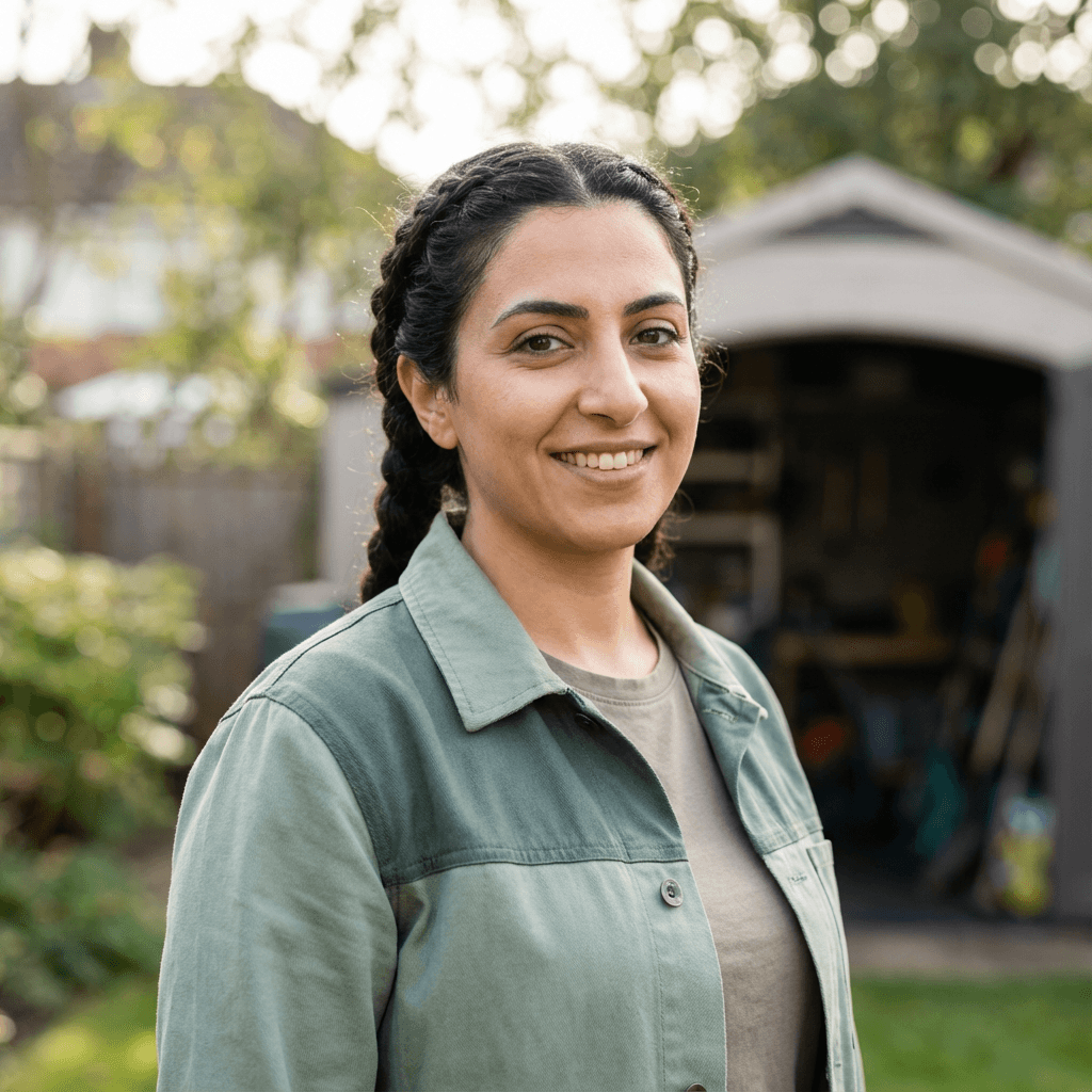 Female homeowner smiling in her backyard