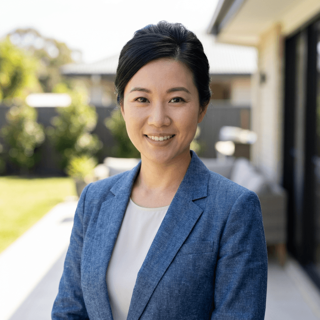 Sarah Chen, a professional female realtor in her early 30s