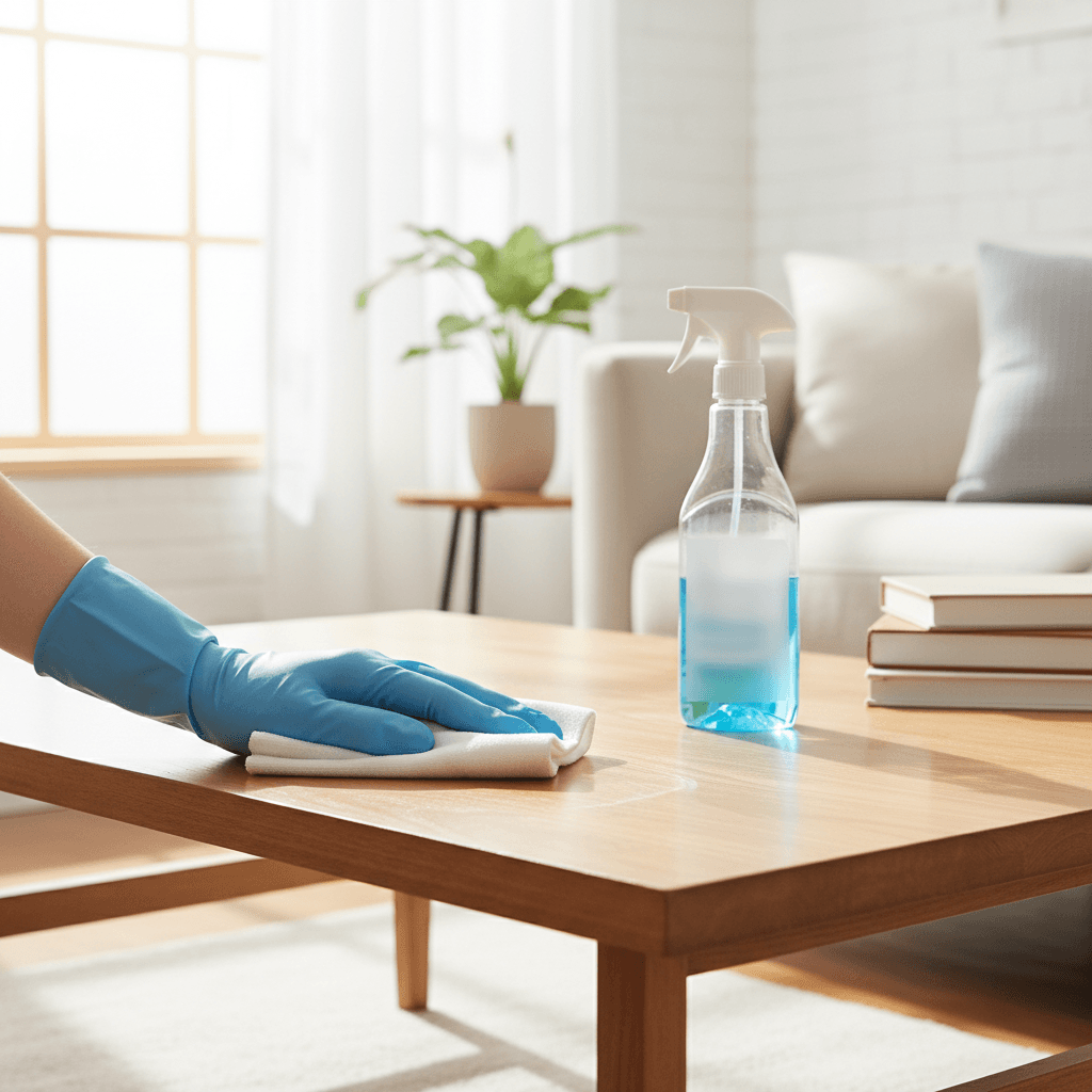 Gloved hand wiping a coffee table during a deep clean