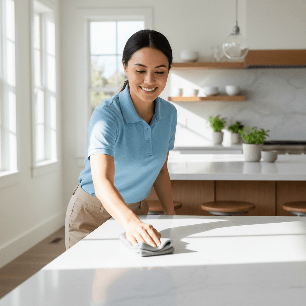 Professional cleaner wiping a kitchen counter in a bright, tidy home