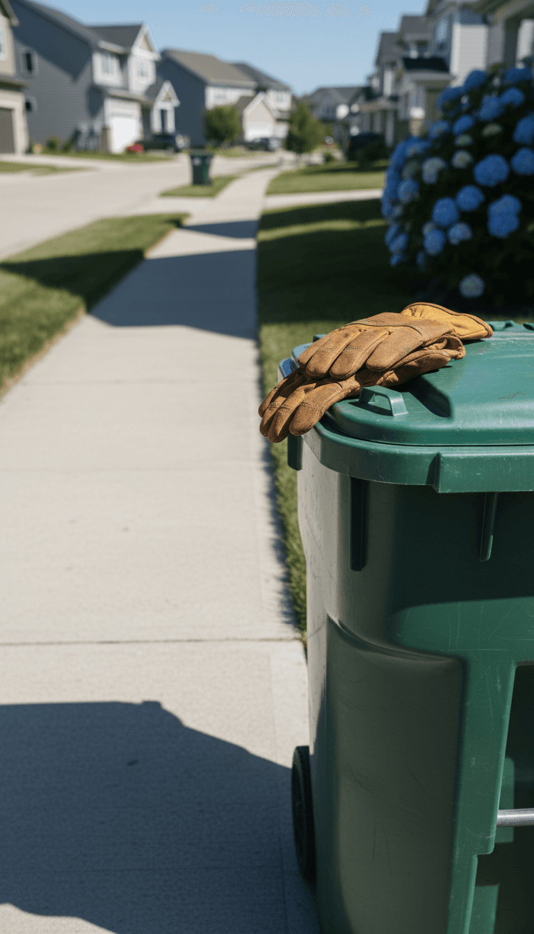 Gloves on a clean outdoor trash container showing our pet waste work in Atlanta