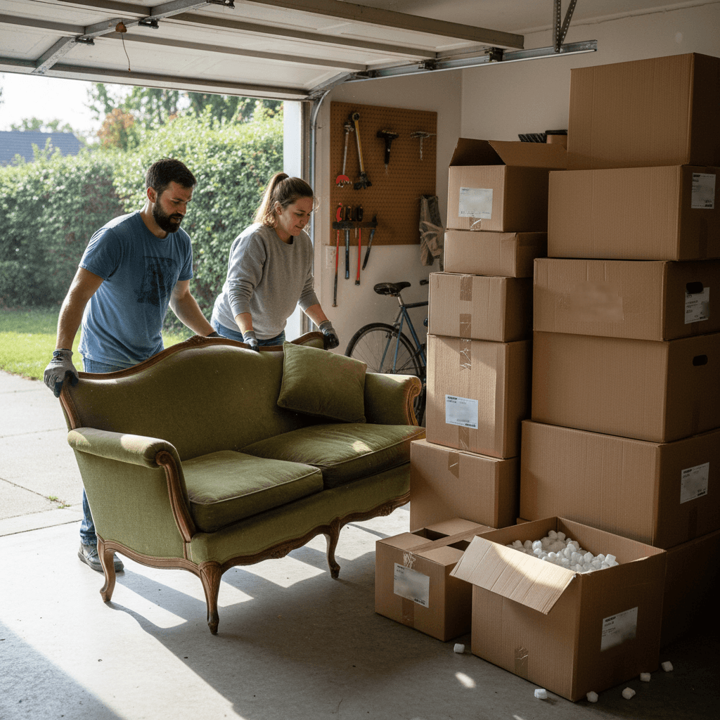 Workers carrying an old sofa out of a garage during junk removal