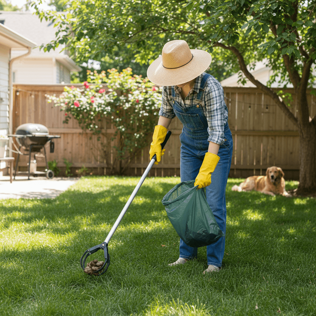 Person picking up pet waste with a scoop in a backyard