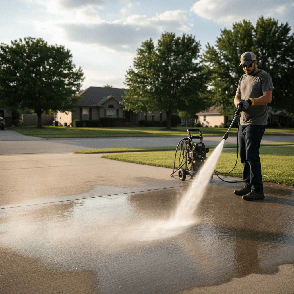 Person pressure washing a concrete driveway