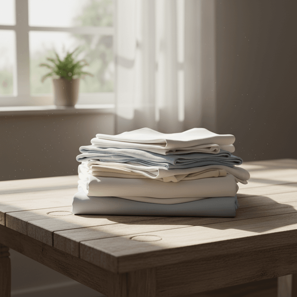 Neatly folded laundry stacked on a table