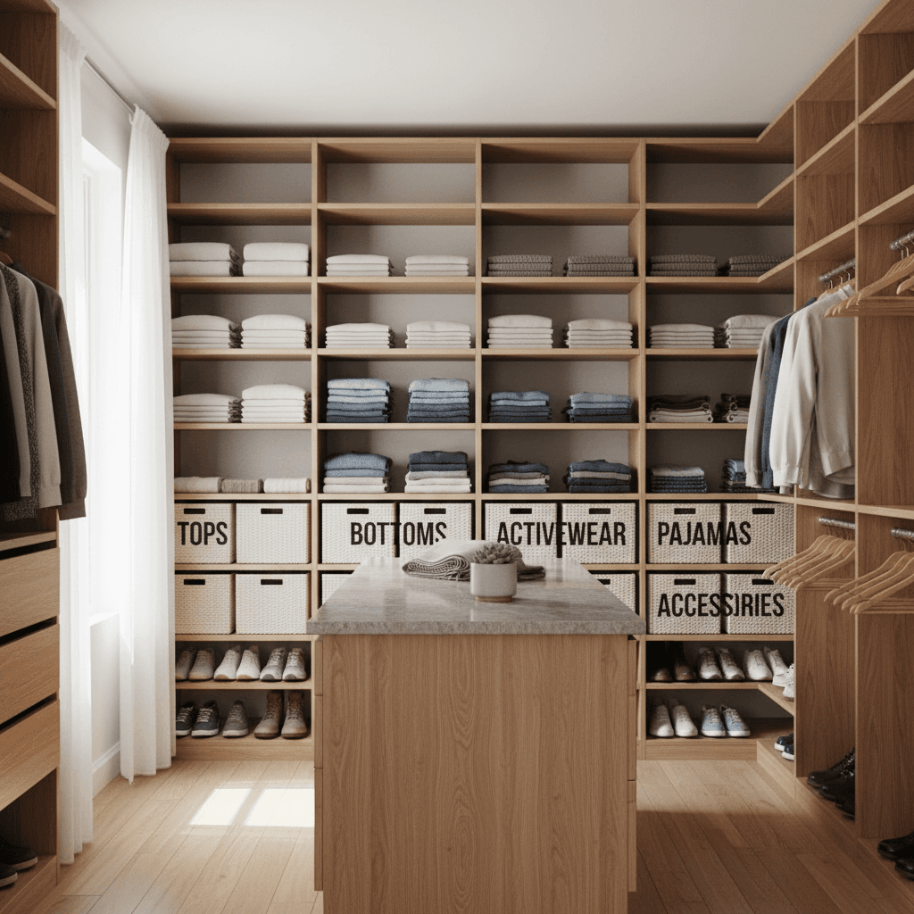 Organized closet with folded clothes and labeled bins