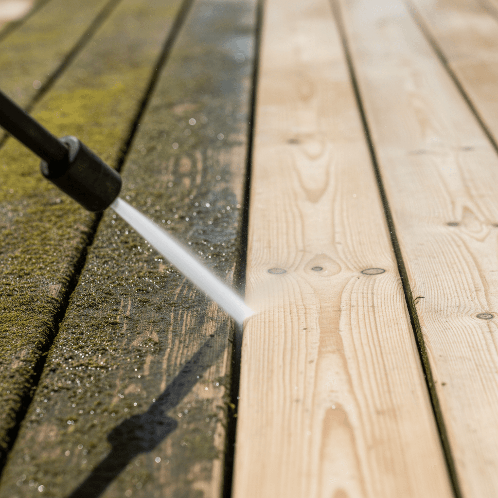Deck being pressure washed showing clean versus dirty wood
