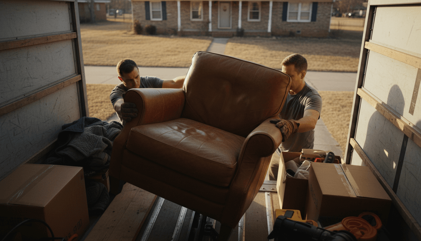 Worker loading an old sofa onto a flatbed truck in a driveway