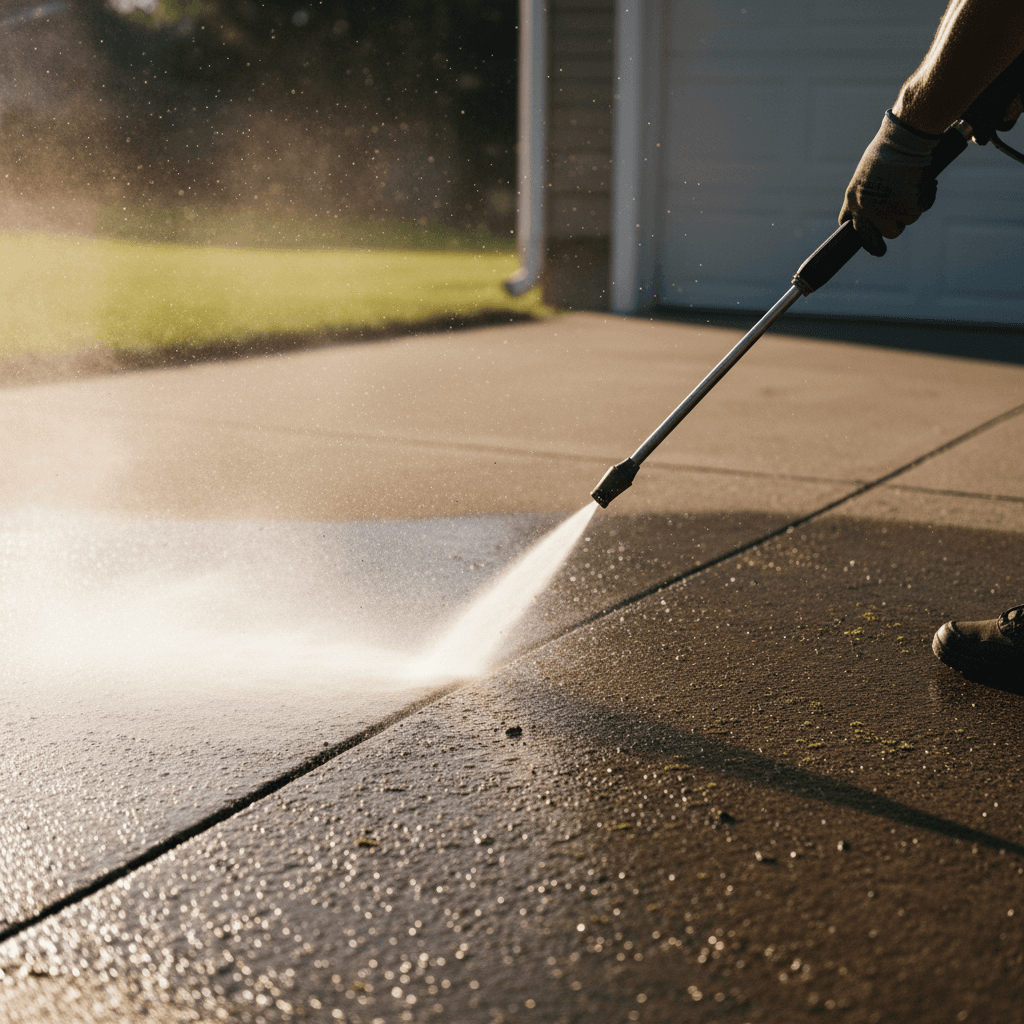 Pressure washer spraying a residential driveway