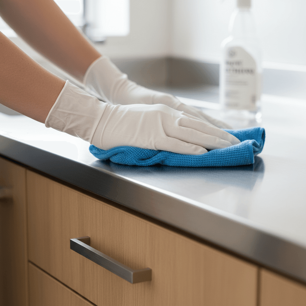 Gloved hand wiping a clean white kitchen countertop with a microfiber cloth