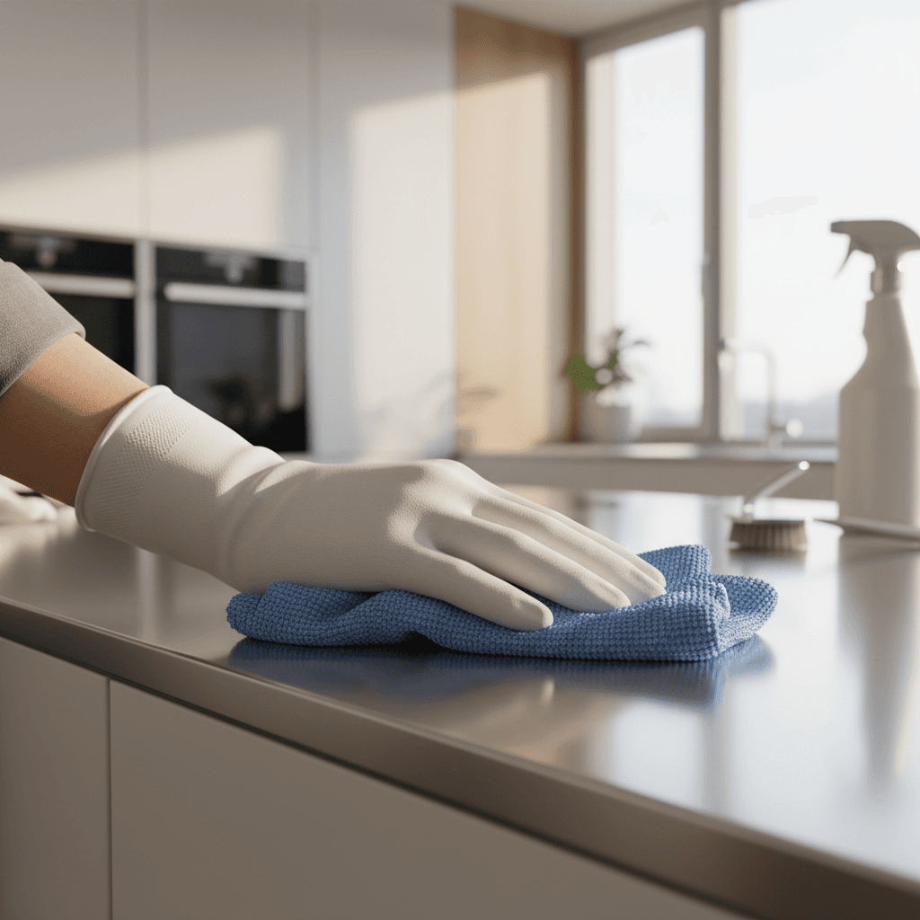 Professional cleaner wiping a kitchen counter during a property maintenance visit