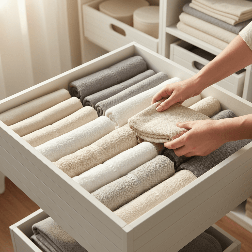 Neatly folded linens and labeled storage bins arranged on wooden closet shelves