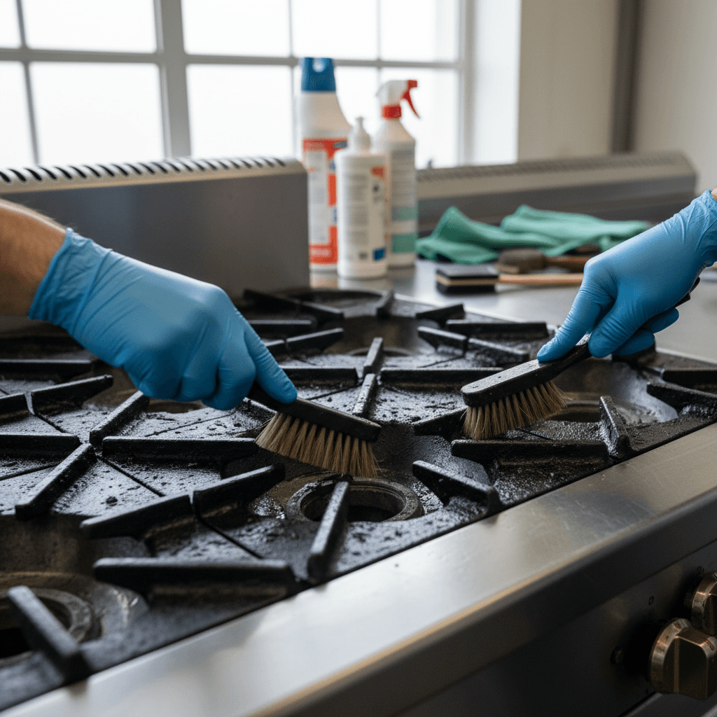 Technician's gloved hands cleaning stainless steel stovetop with specialized brushes, removing grease buildup