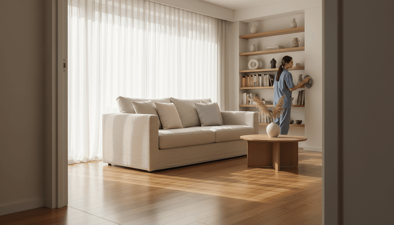 Clean and organized living room after professional property cleaning service
