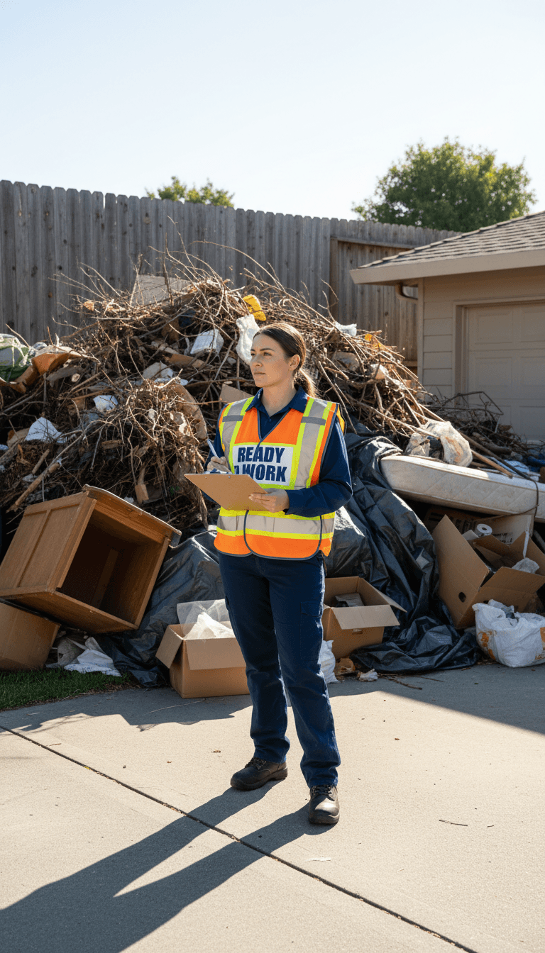 Property maintenance worker in a clean, organized backyard