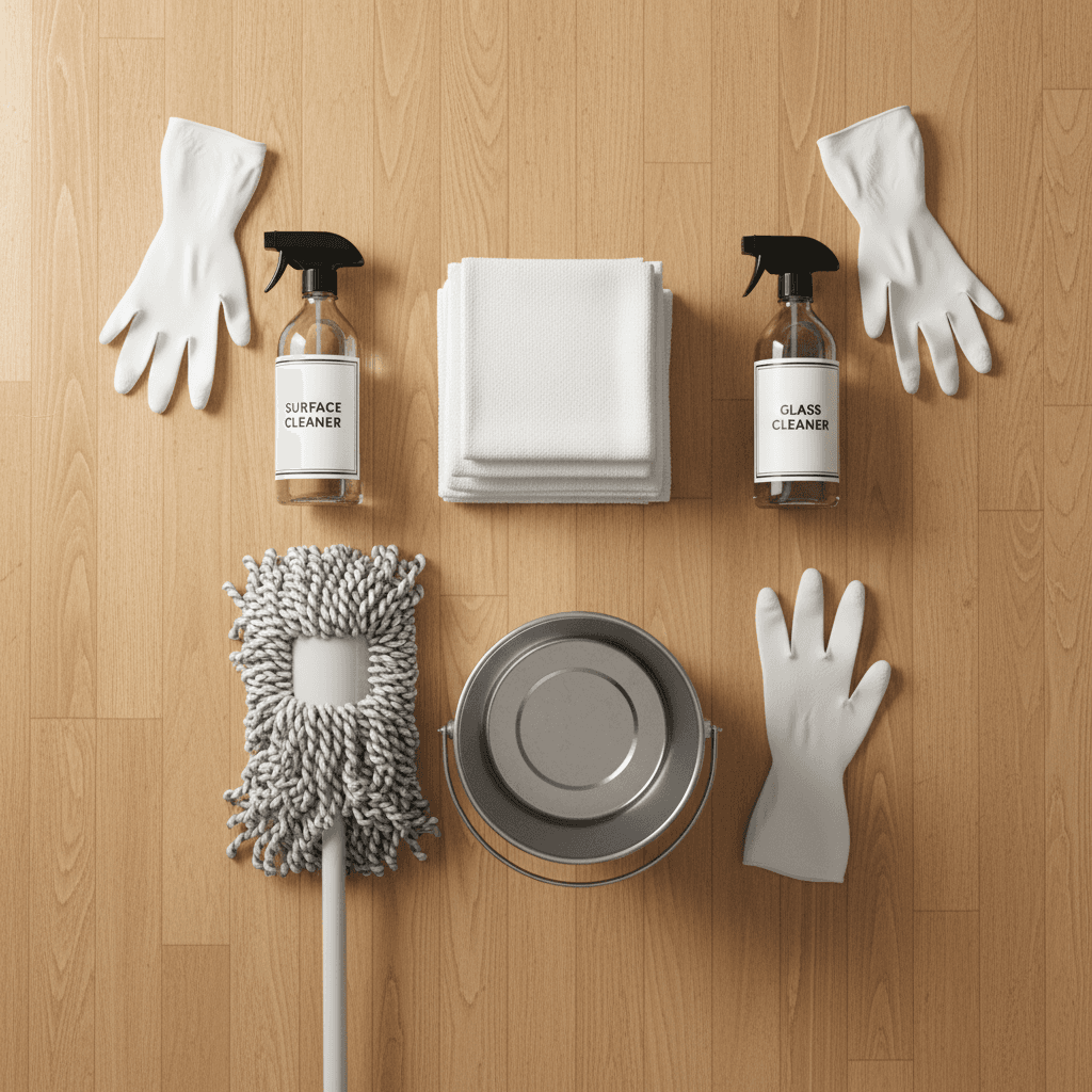 Cleaning supplies neatly arranged on a bright surface
