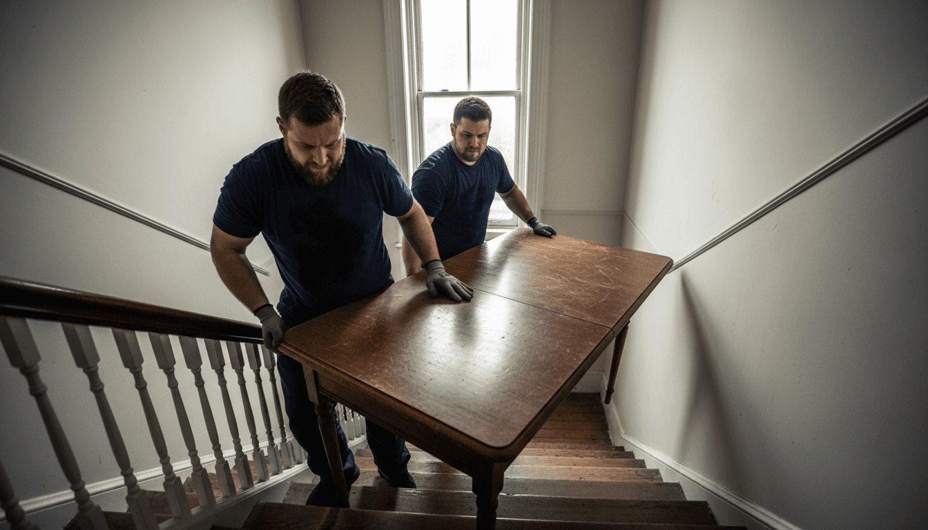 Workers carrying an old mattress out of a garage