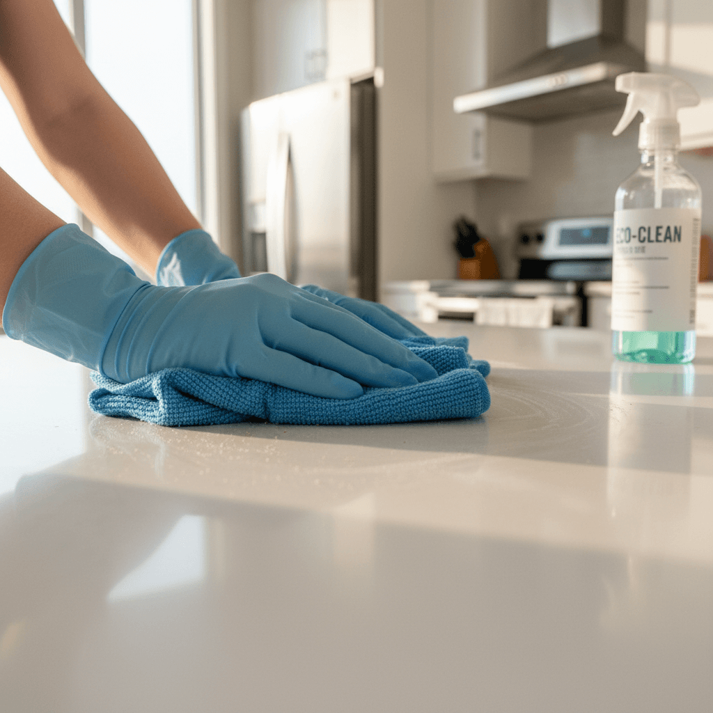 Gloved hand wiping a kitchen counter with a microfiber cloth