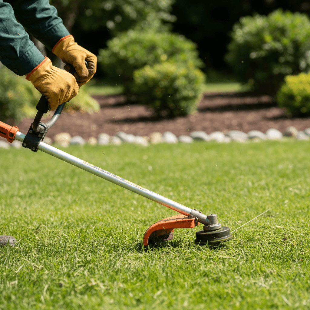 Rolled-up garden hose and waste pickup bag on a manicured lawn