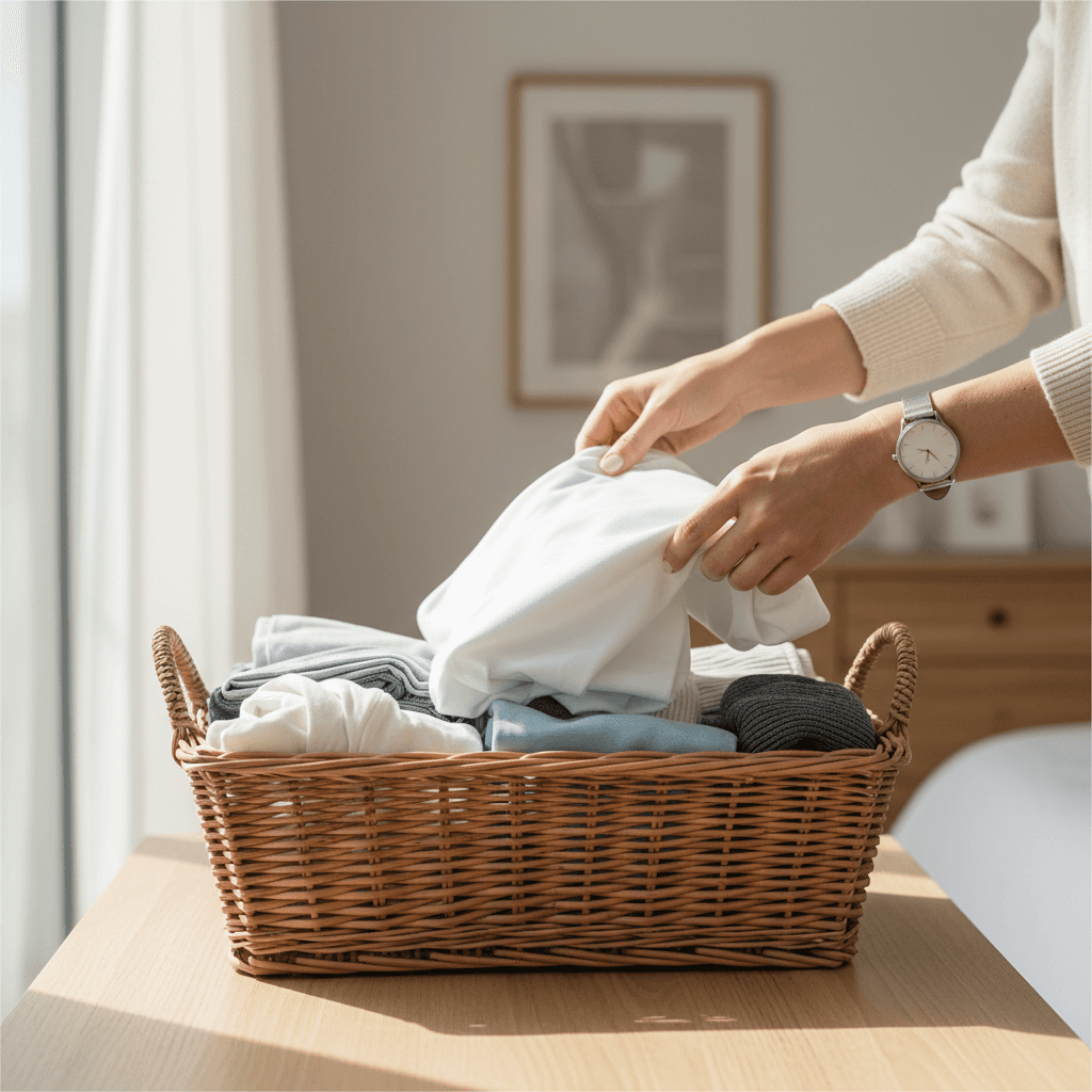 Neatly folded laundry stacked in baskets on a table