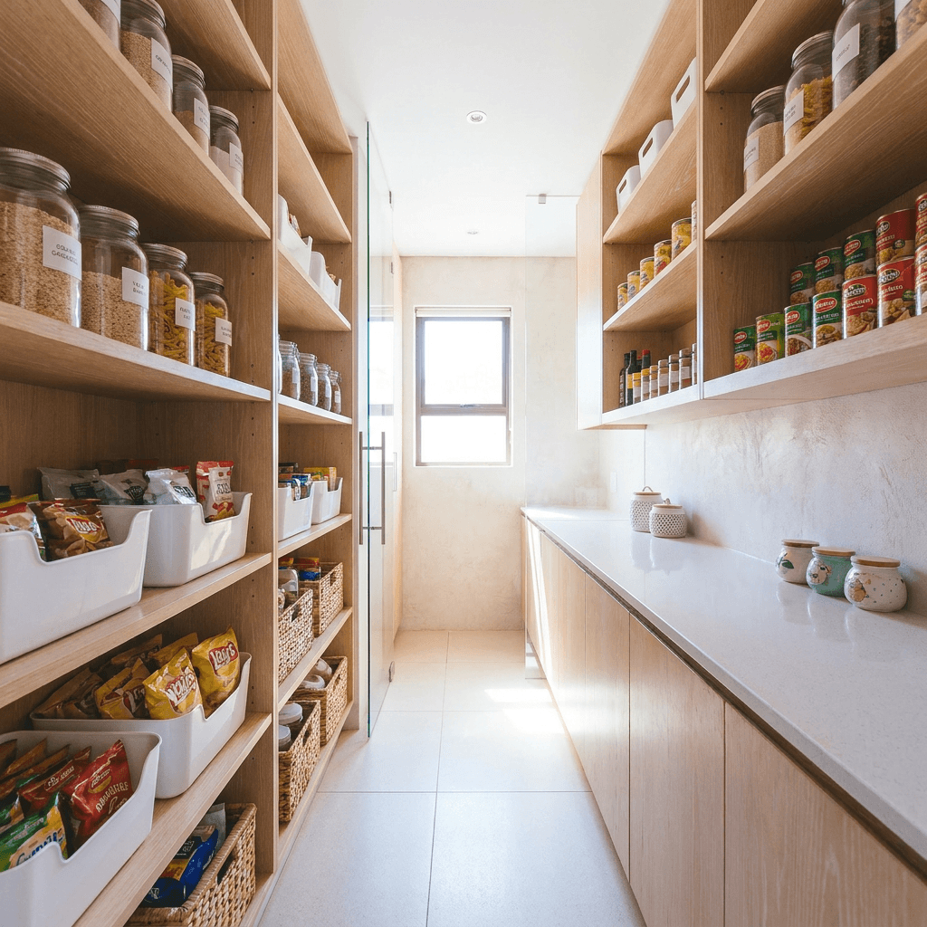 Organized pantry with labeled canisters and baskets